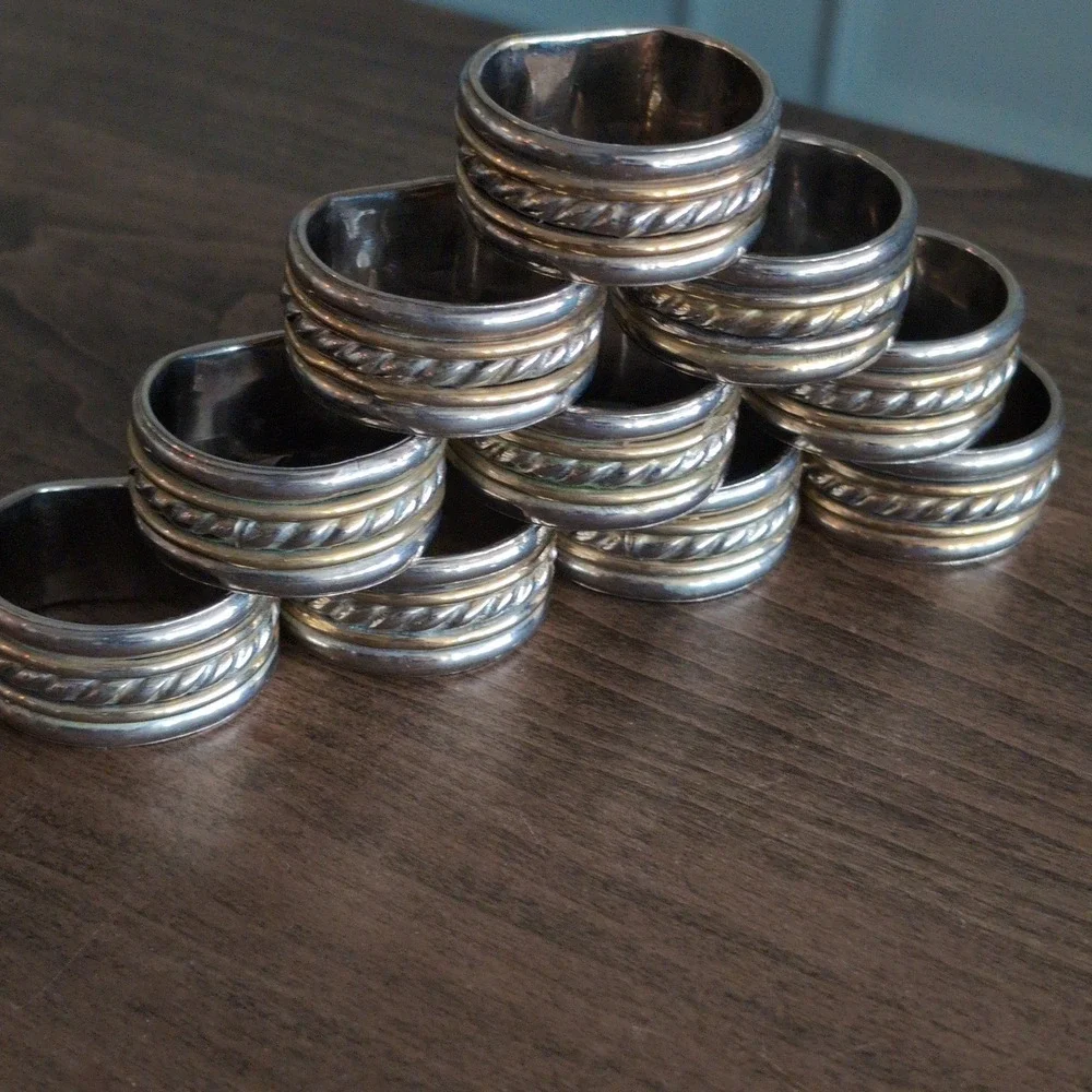 10 Vintage Silver Gold Tone Napkin Rings Set Heavy Metal Rope Twist Design